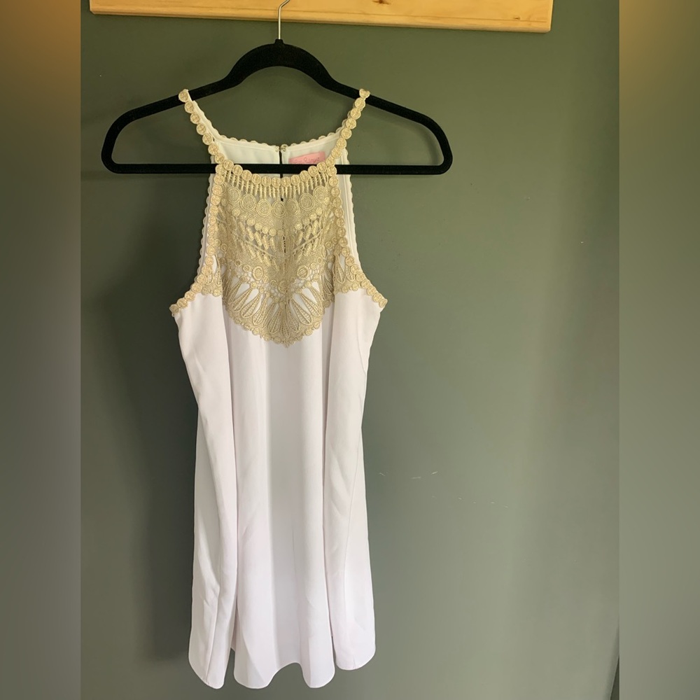 Lilly Pulitzer White Dress with Gold Lace Detail